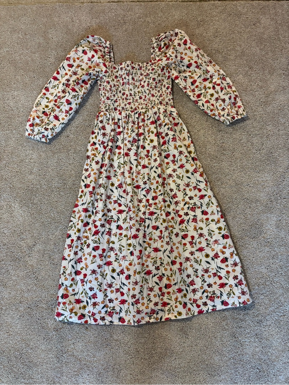 J. Crew Cream Floral Smocked Maxi Dress with Red and Green Accents